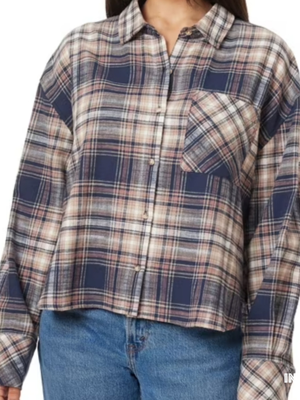 Nwt Scotch & Soda Navy and Tan Plaid Button-Down Shirt Size Medium
